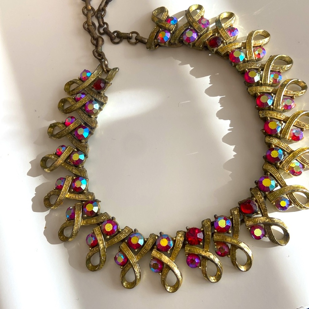 Vintage rhinestone statement necklace red Aurora borealis